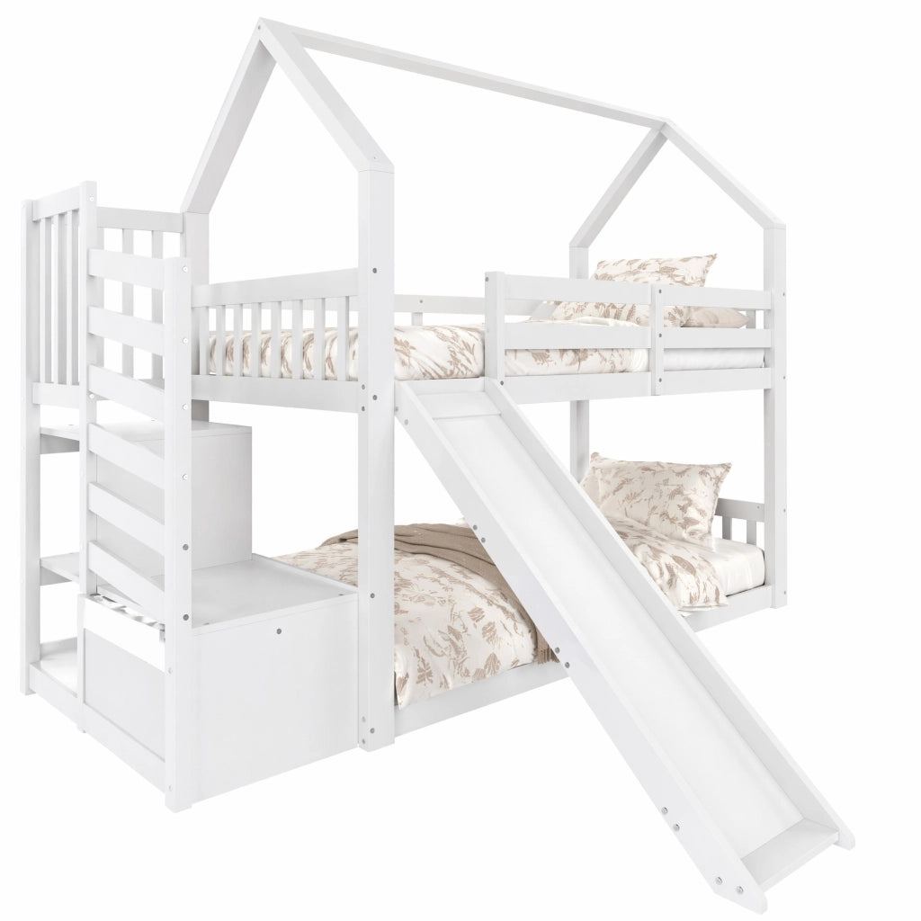Letto a castello per bambini con scala contenitore; scivolo e sponde; 90x200 cm; pino e MDF; bianco