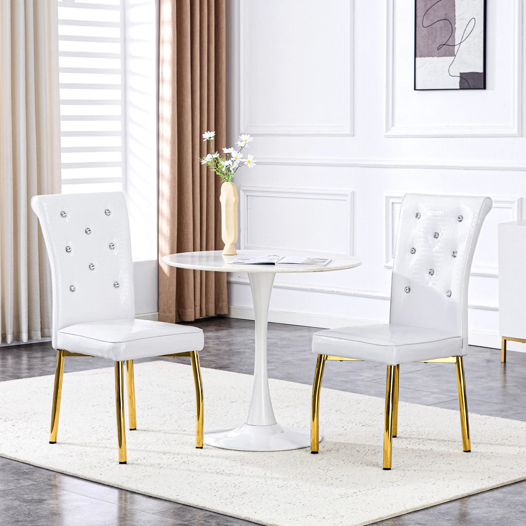 Sedia da pranzo set di 2 con dettagli in cristallo seduta imbottita e gambe metalliche dorate in PVC bianco oro