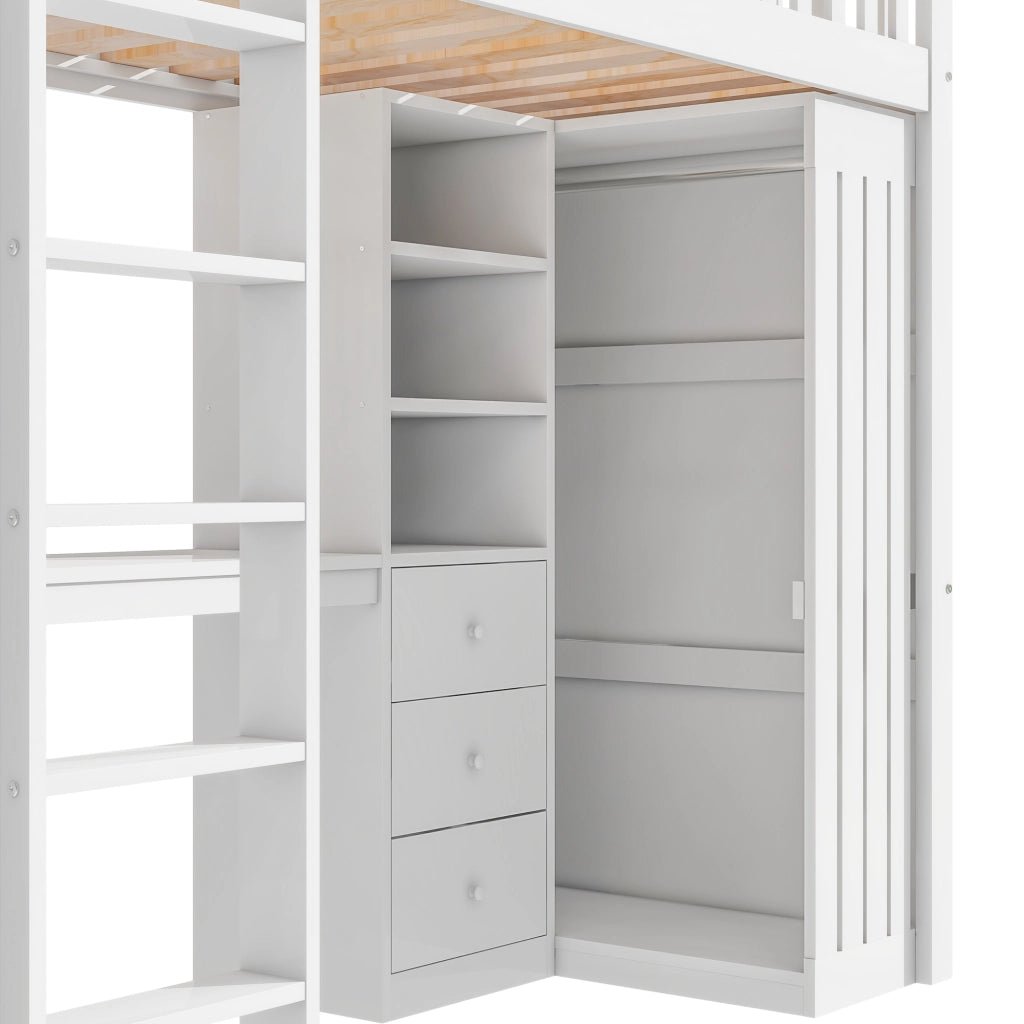 Letto a soppalco 90 × 200 cm con scrivania armadio 3 cassetti scala e barriera in legno di pino e MDF bianco