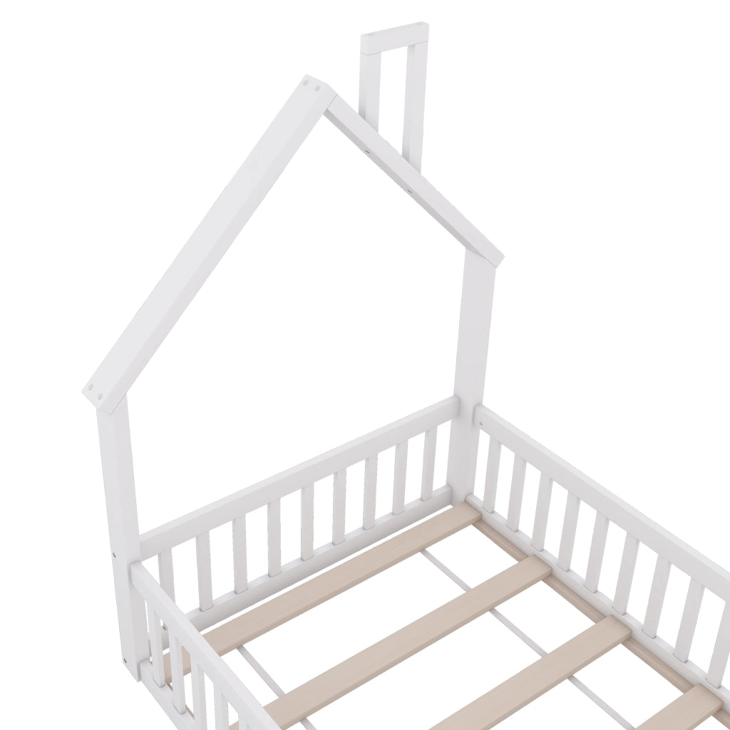 Letto per bambini a casetta 90 × 200 cm con rete a doghe in legno bianco con camino e barriera di sicurezza