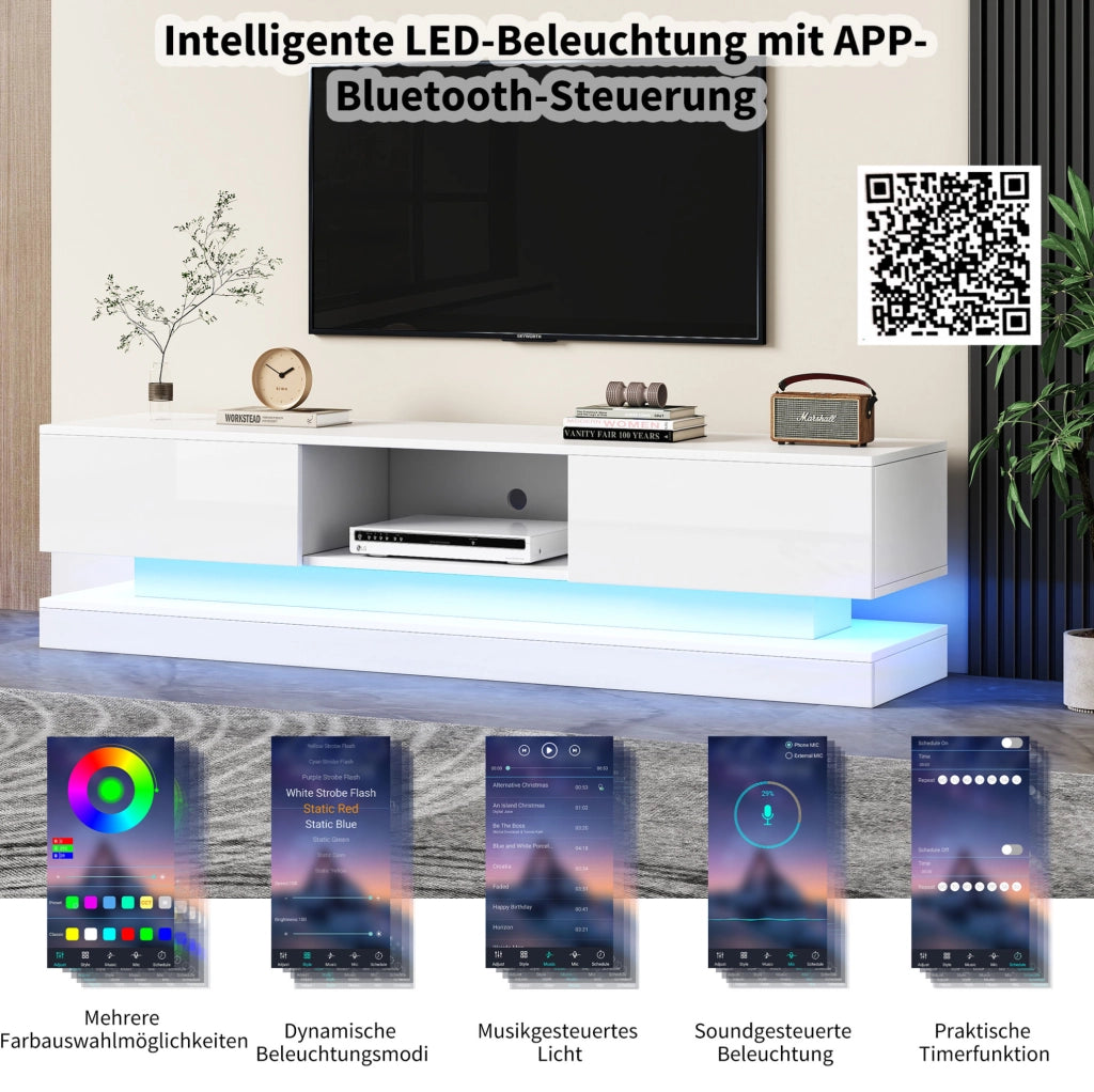 Mobile TV laccato bianco lucido con LED e cassetti