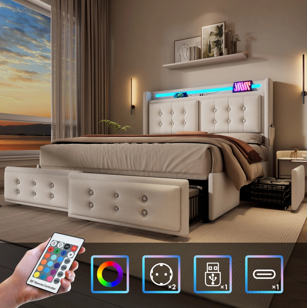 Letto imbottito 140x200 cm con testiera in pelle, luce LED e quattro cassetti, telaio in metallo e rete a doghe in legno beige (senza materasso)