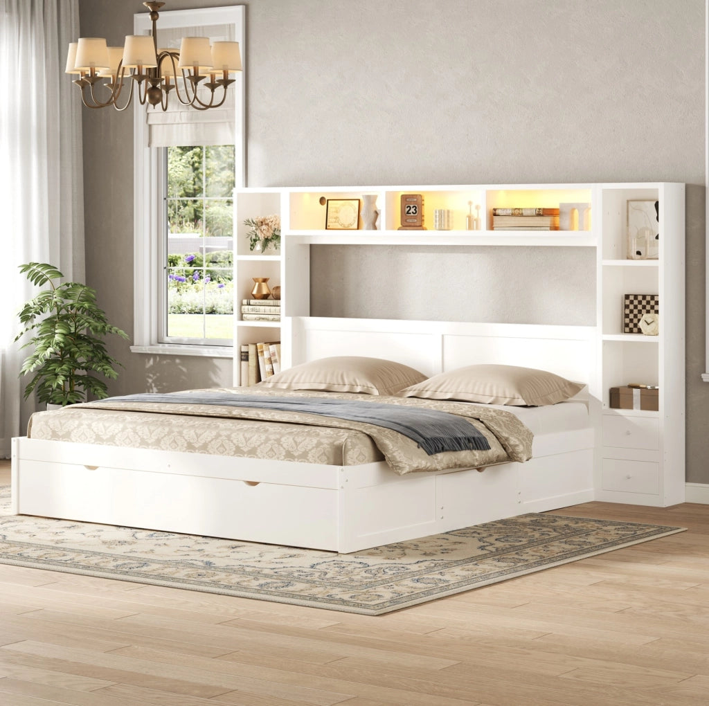 Letto Matrimoniale con 7 Cassetti e LED 140 x 200 cm - Bianco - Ideale per Camera da Letto - Senza Materasso