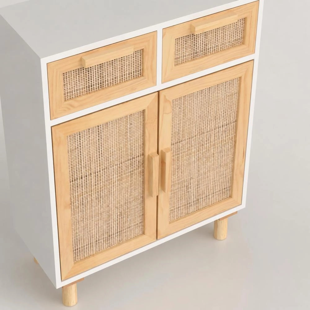 Sideboard White 60x30x75 Cm Solid Pine Wood And Natural Rattan