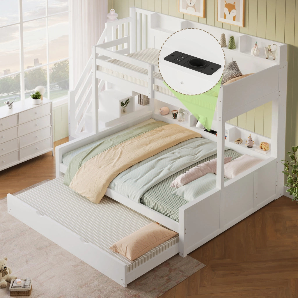 Letto a castello 90 × 200 cm e 140 × 200 cm con letto estraibile; scala contenitore e USB; in legno bianco