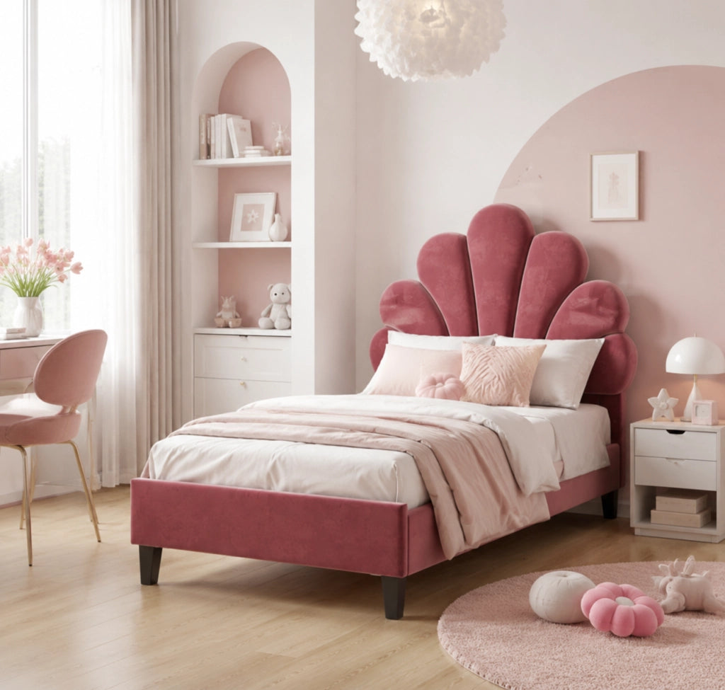 Letto Singolo per Bambini 90x200cm;Letto imbottito con Testiera Regolabile a Forma di Petalo;per Bambini; Adolescenti;Velluto Rosso; senza Materasso