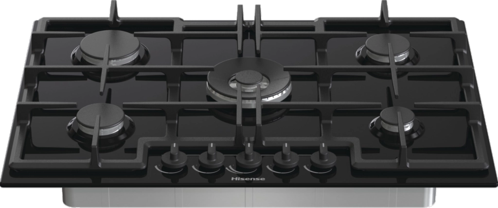 Hisense ged773b piano cottura 75cm, cristallo nero, 5 fuochi, griglie in ghisa