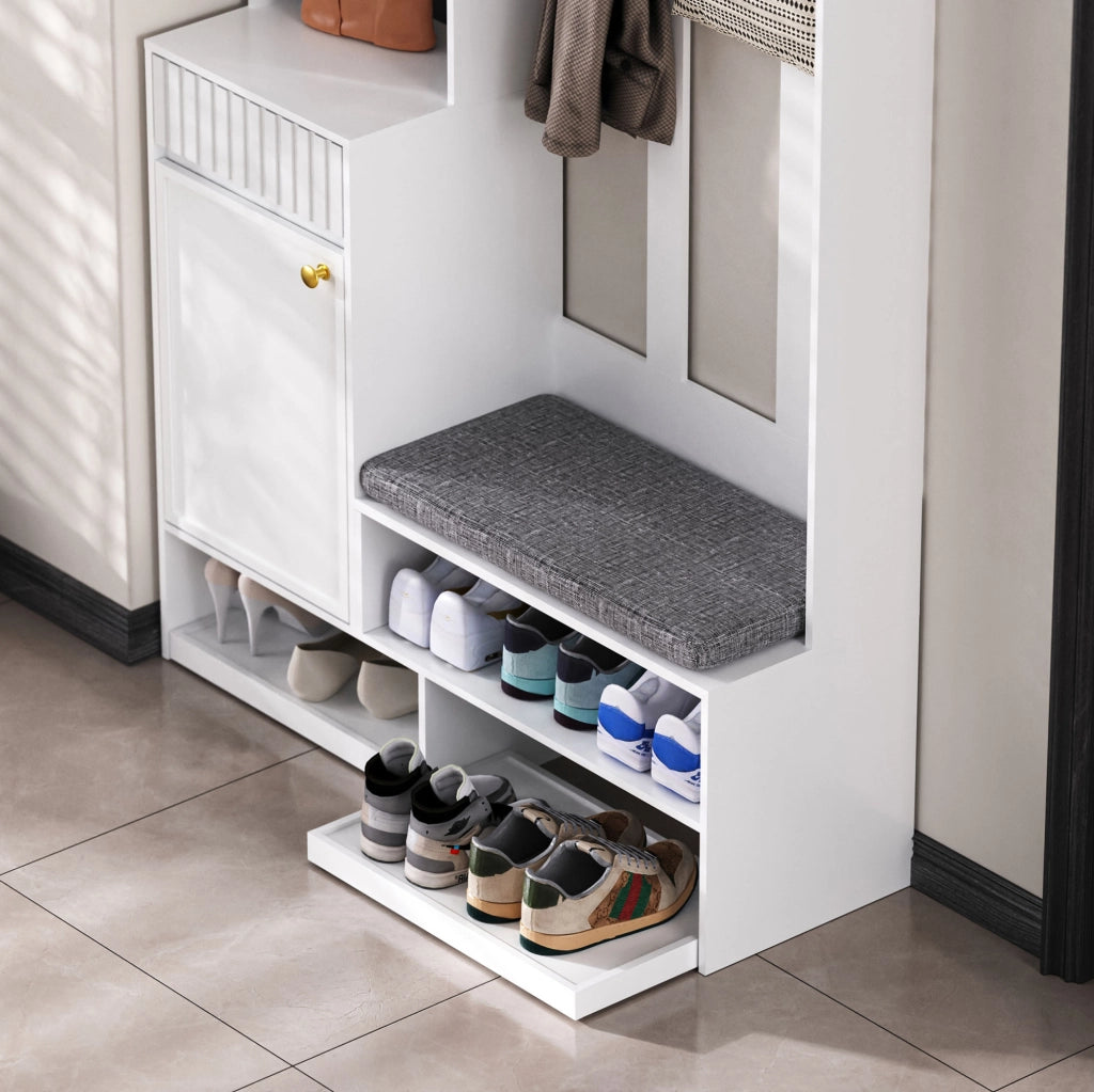 Mobile ingresso 100x35x180 cm con panca imbottita; 2 cassetti e 4 ganci in MDF bianco