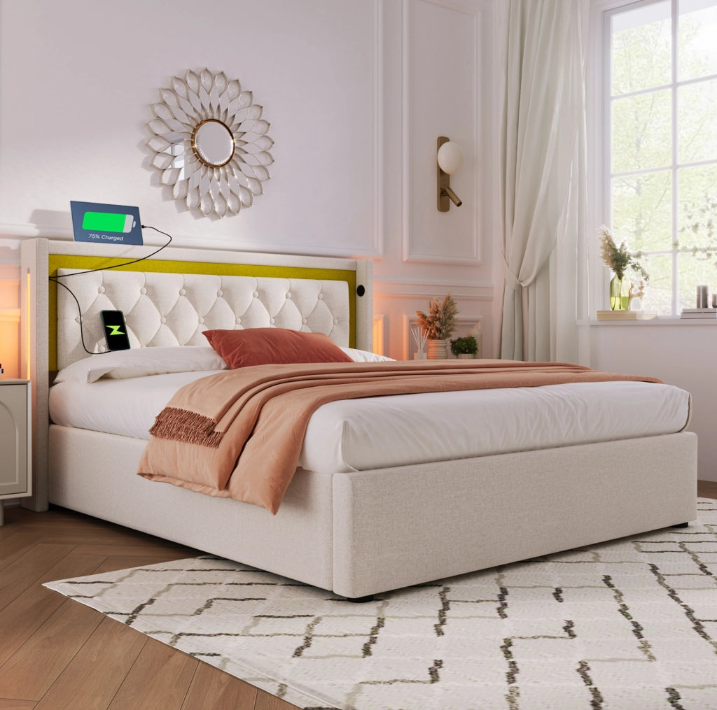 Letto contenitore 140x200 beige con LED, ricarica USB-C e rete a doghe