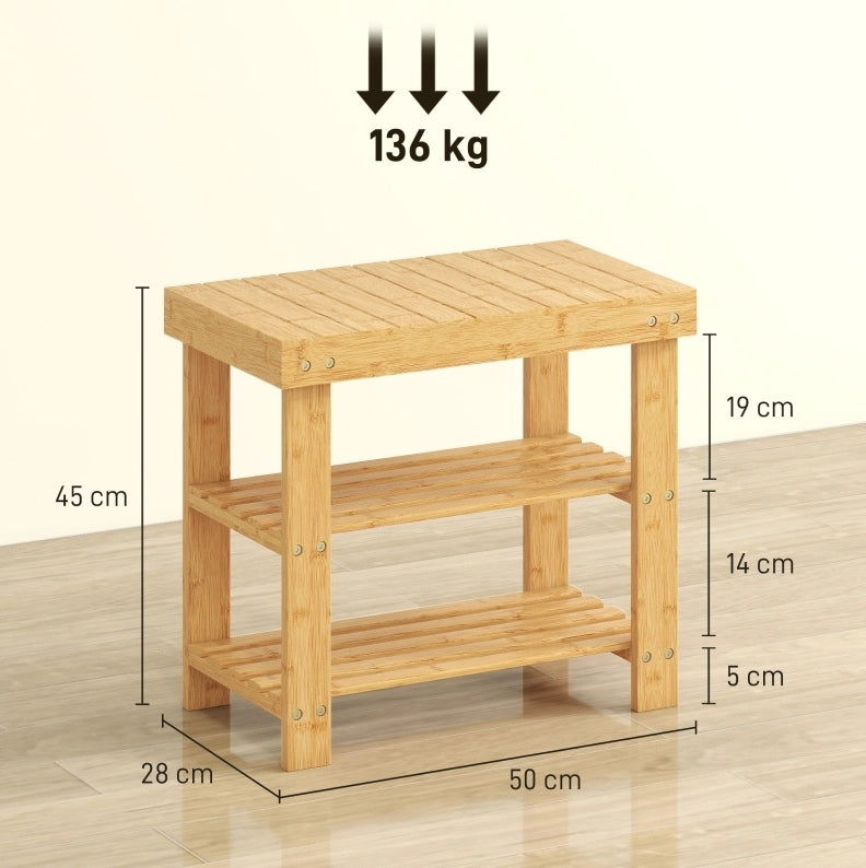 Panca porta scarpe in bambù naturale con 2 ripiani e seduta 50x28x45 cm per ingresso e corridoio