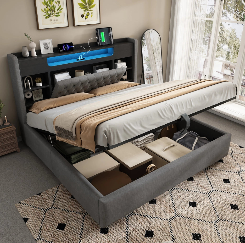Letto 140x200 cm con contenitore idraulico, LED, USB e USB-C in lino grigio