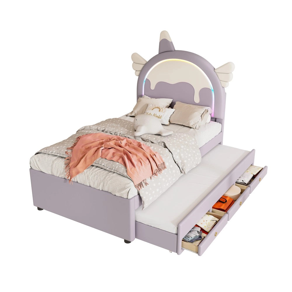 Letto per Bambini a Unicorno con Letto Estraibile ¨C MINIMAL ¨C PU Viola 90x200