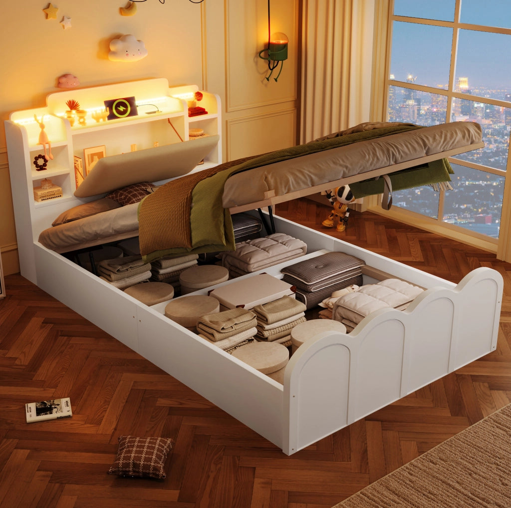 Letto 90x200 cm con contenitore idraulico, LED, USB e USB-C integrati bianco