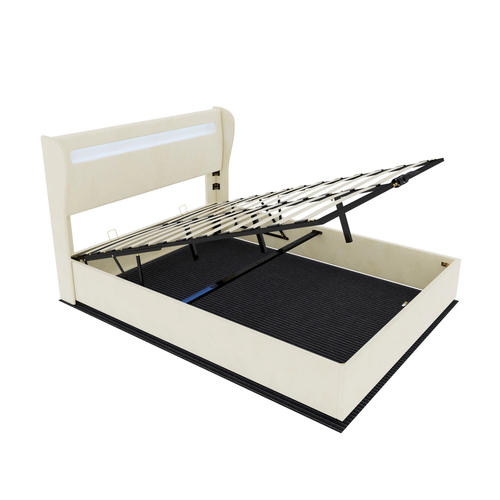 Letto matrimoniale 160 × 200 cm 2 posti con LED regolabile e testiera regolabile, senza materasso, beige