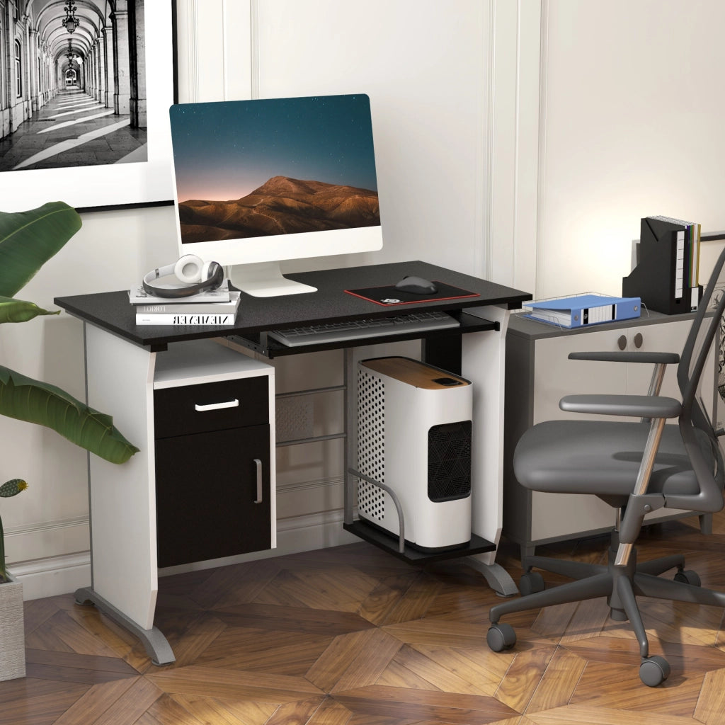 EasyComfort Scrivania per Computer con Ripiano, Cassetto e Armadietto, in MDF e Ferro, 100x52x75 cm, Bianca e Nera