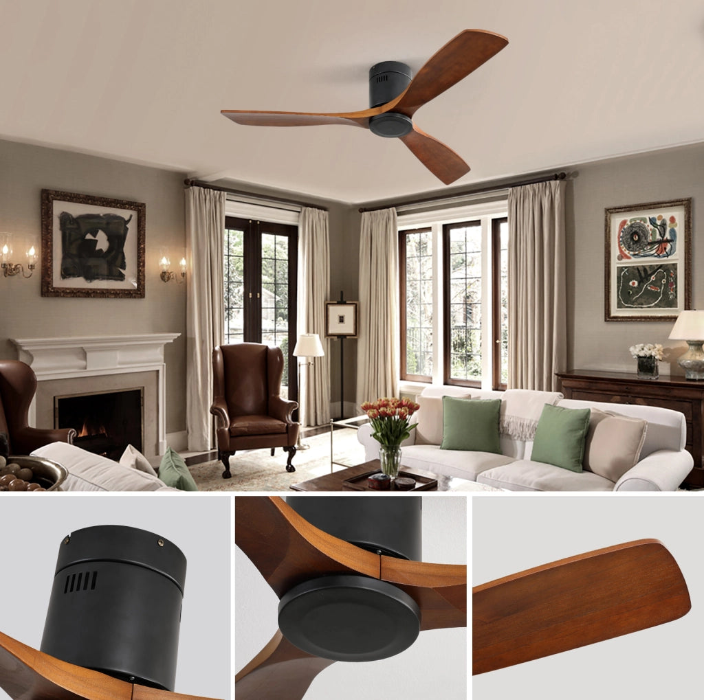 Ventilatore da soffitto 132 cm a 3 pale in legno massello nero con telecomando