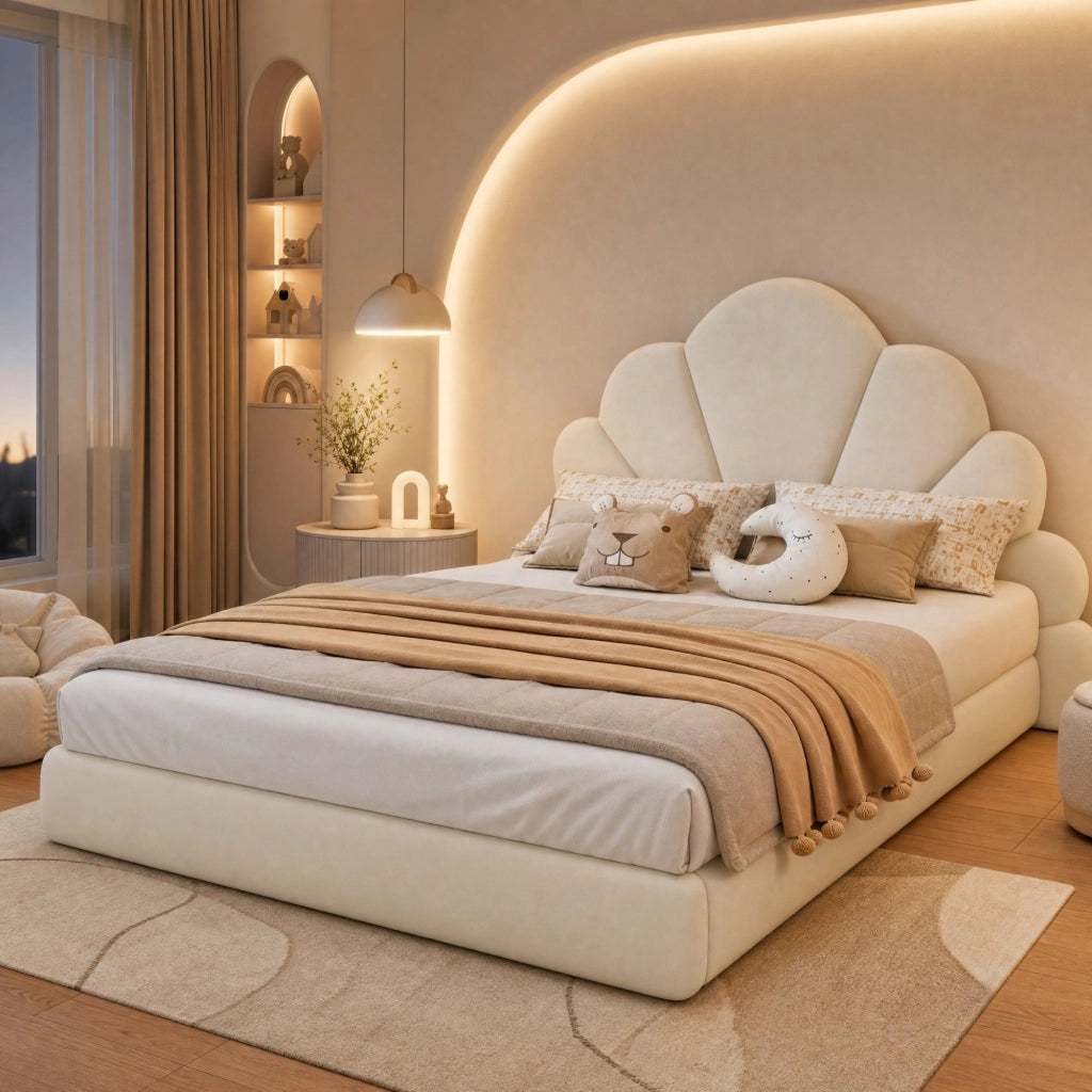 LETTO Imbottito 140x200 cm Beige in Velluto con testiera floreale