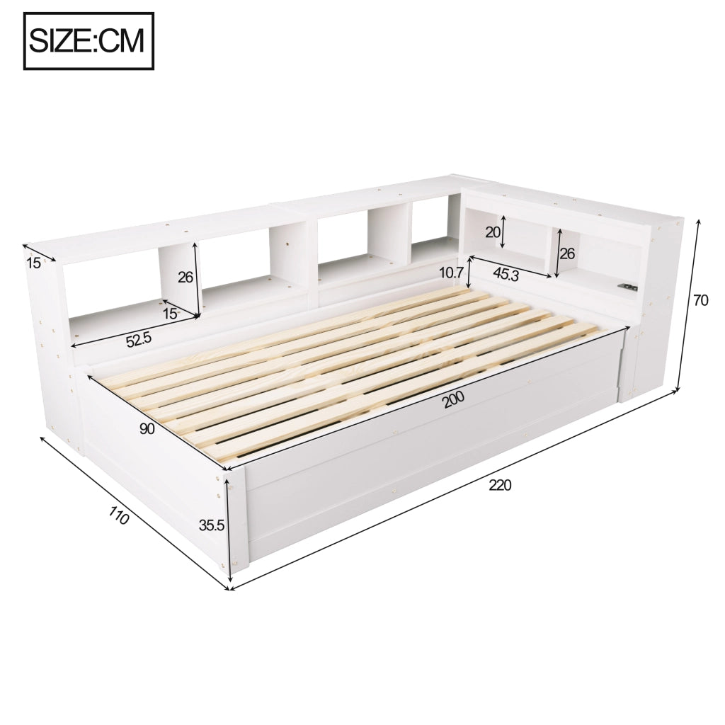 Letto singolo multifunzione 90 × 200 cm con vano contenitore legno bianco presa integrata e luce LED