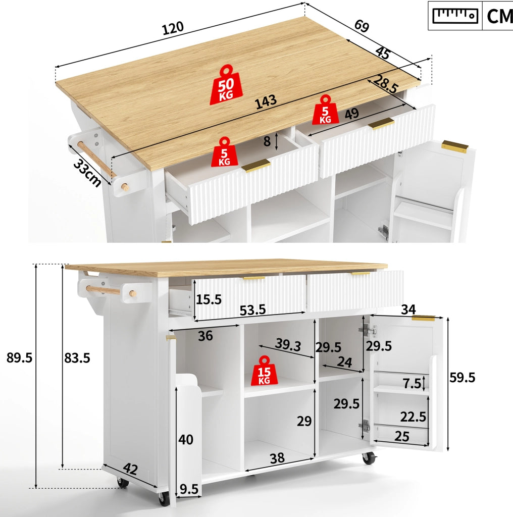 Isola da cucina su ruote 120x45 cm con piano di lavoro ribaltabile, 2 cassetti, 2 ante, portastoviglie e portasciugamani, bianco