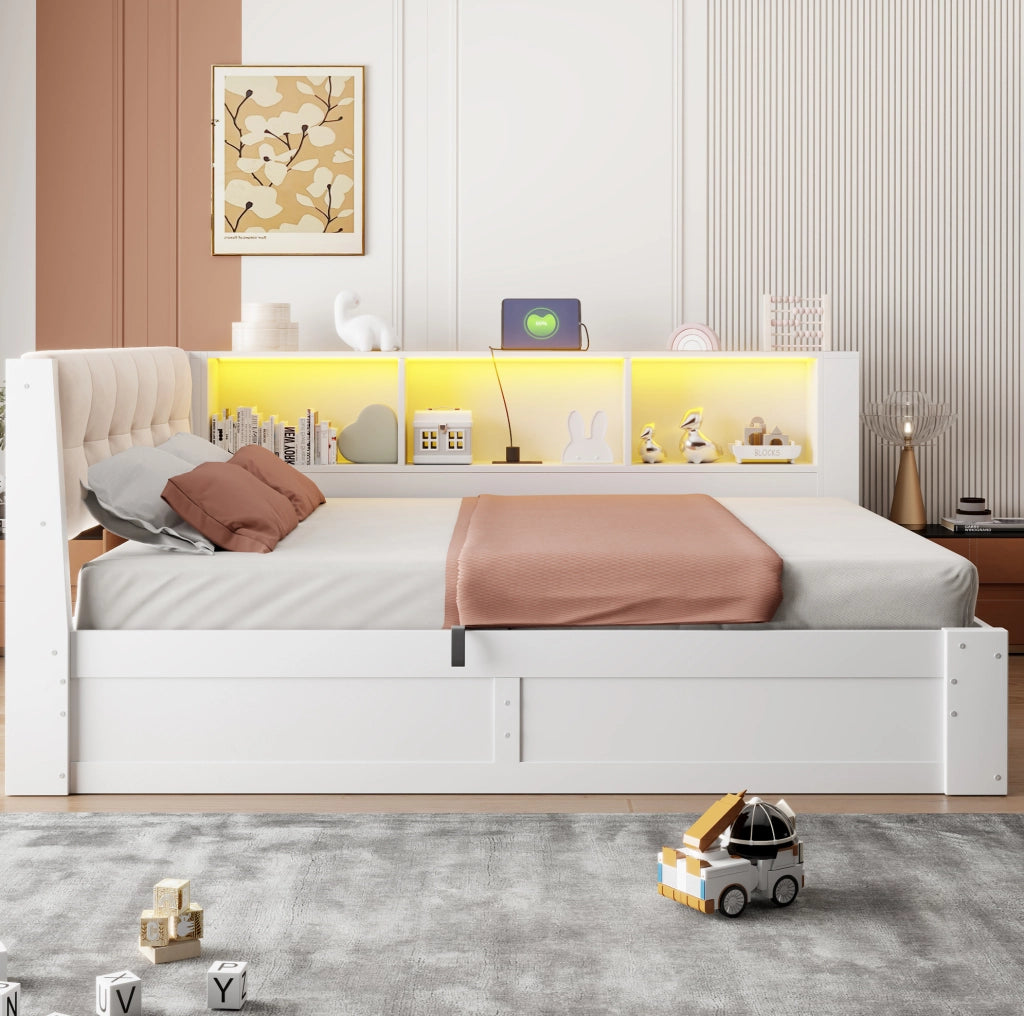 Letto daybed 140x200 cm con contenitore idraulico; LED dimmerabile e porta USB bianco HOMVRA