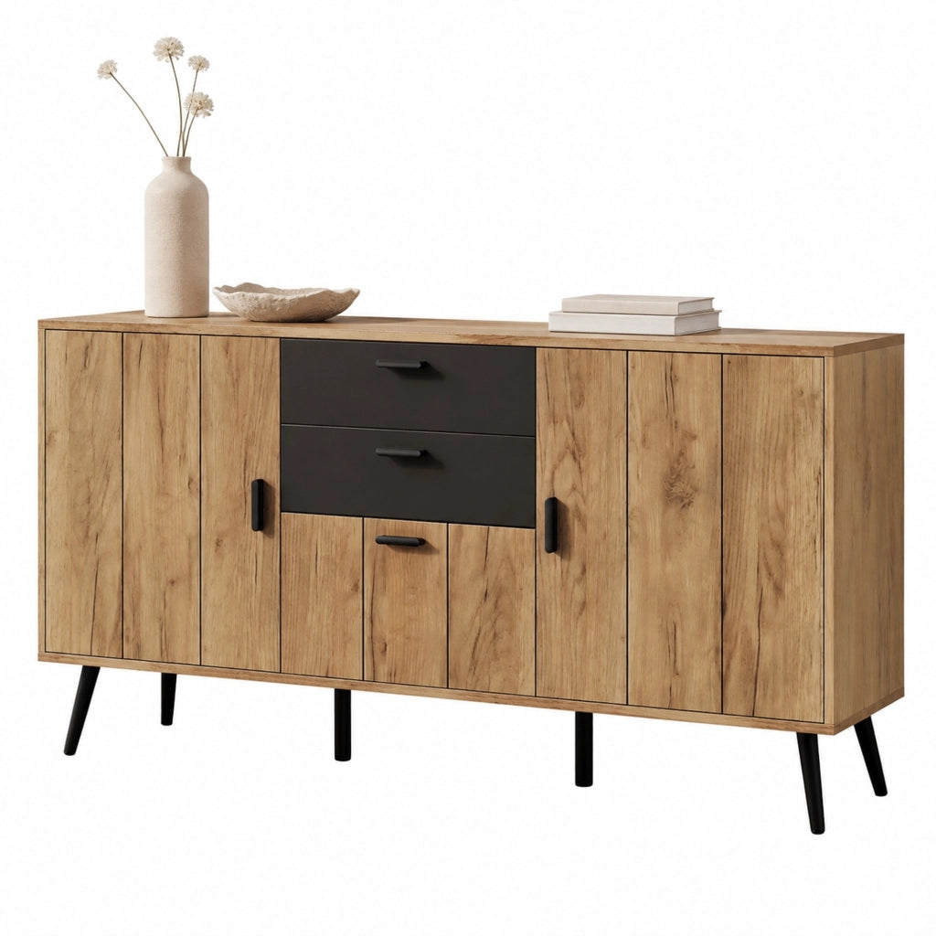 Credenza sideboard 140x35x67 cm con 2 cassetti e 3 ante nero e legno HAVRYA