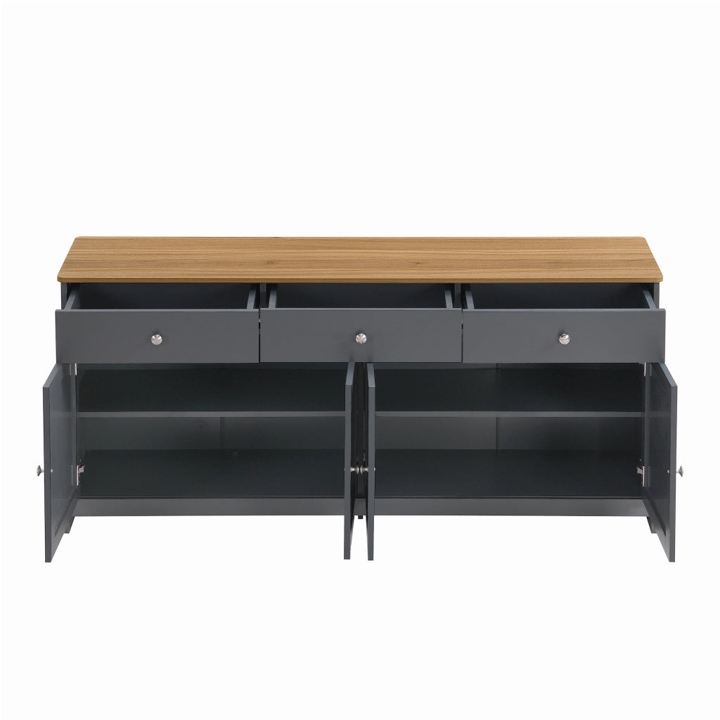 Credenza con quattro ante tre cassetti e ripiani regolabili in MDF grigio nero e finitura legno 160 × 37 × 75 cm