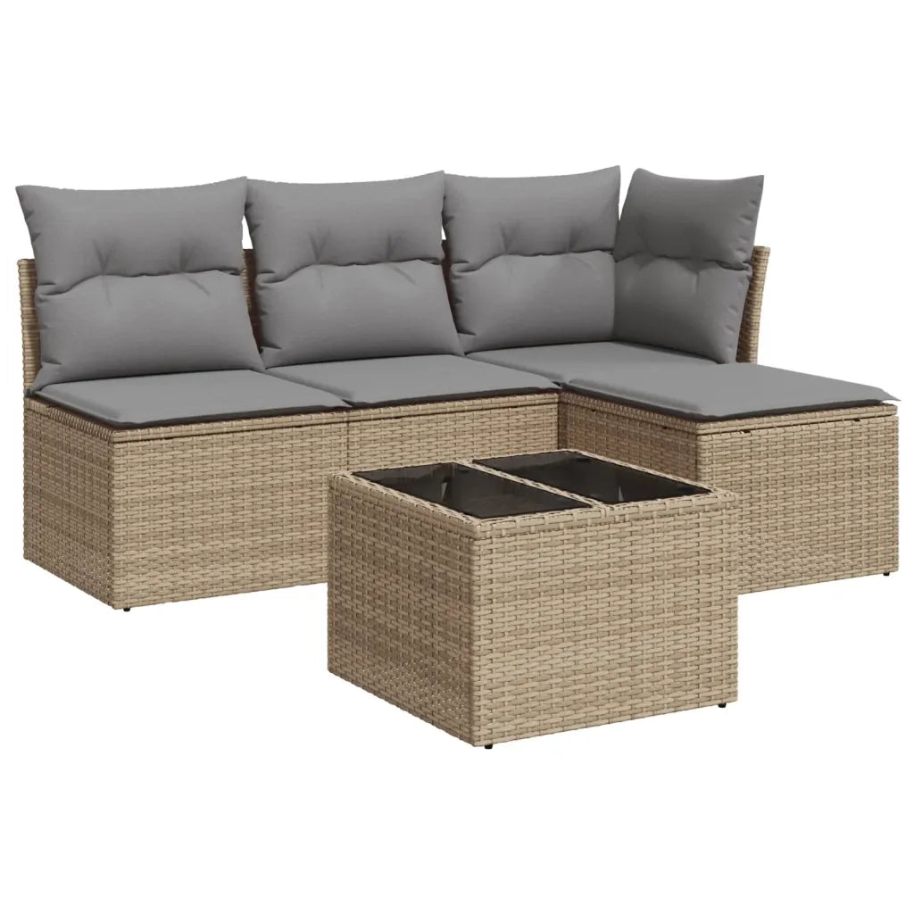 Set Divano da Giardino 5 pz | Set Salotto da Giardino con Cuscini Beige in Polyrattan