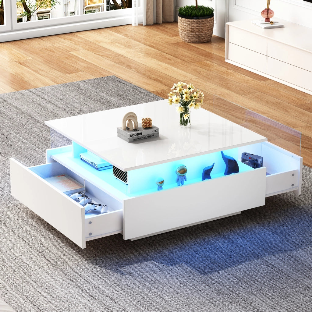Tavolino da salotto moderno con LED; tavolino da caffe 70x70x41 cm assemblabile bianco lucido