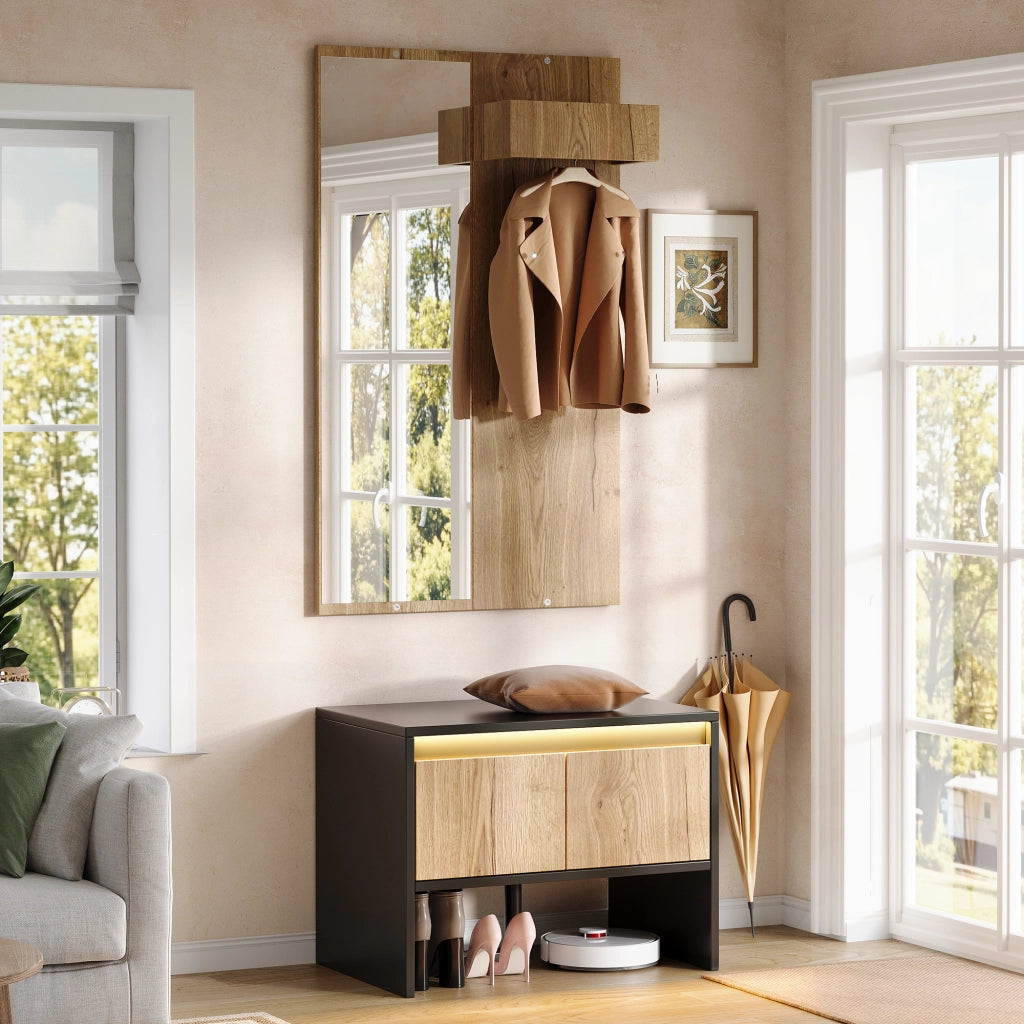 Mobile da ingresso con appendiabiti, specchio, panca portascarpe e 2 cassetti, nero e naturale, 60 × 38 × 145 cm