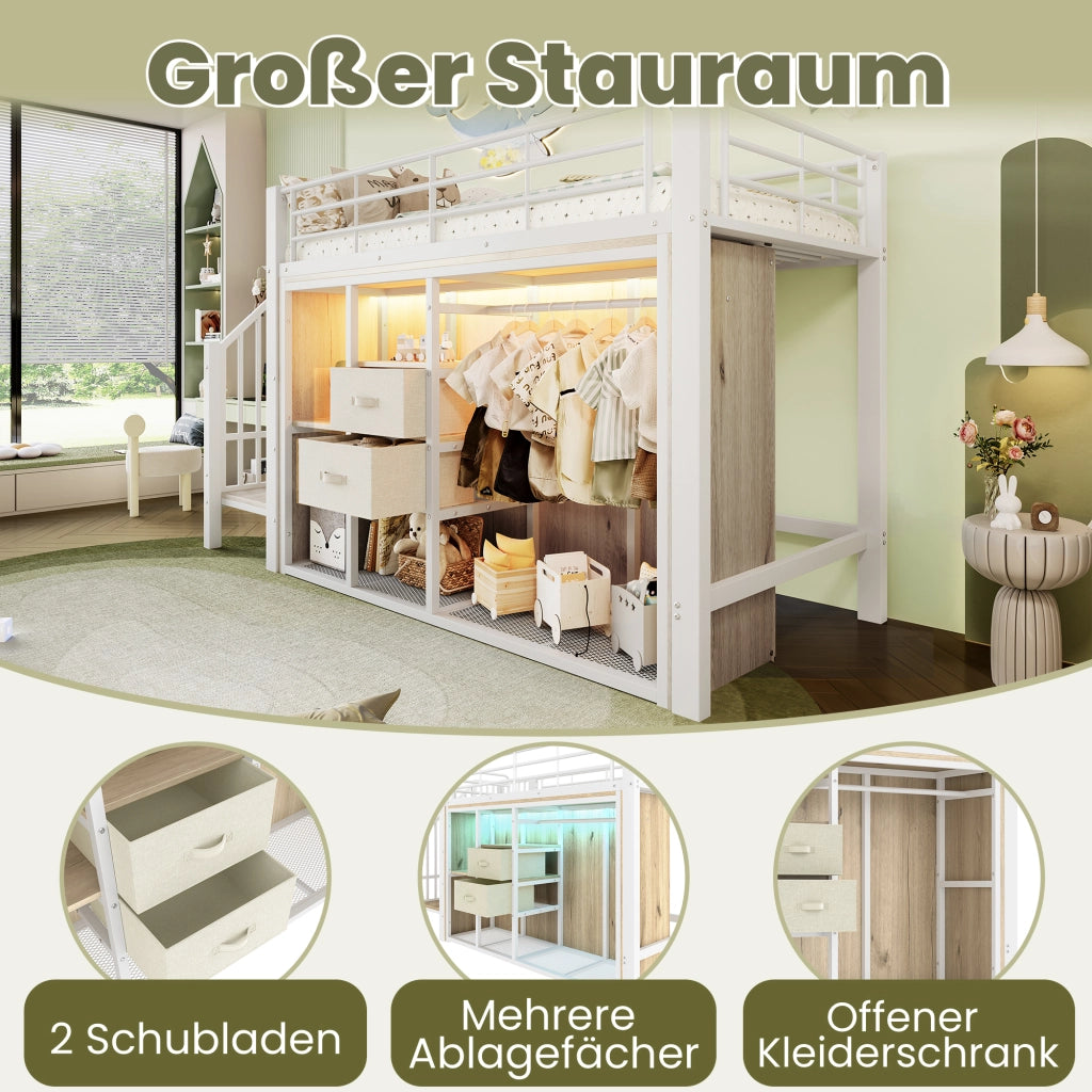 Letto a soppalco 90 × 200 cm con 2 cassetti armadio aperto LED multicolore in metallo e MDF bianco