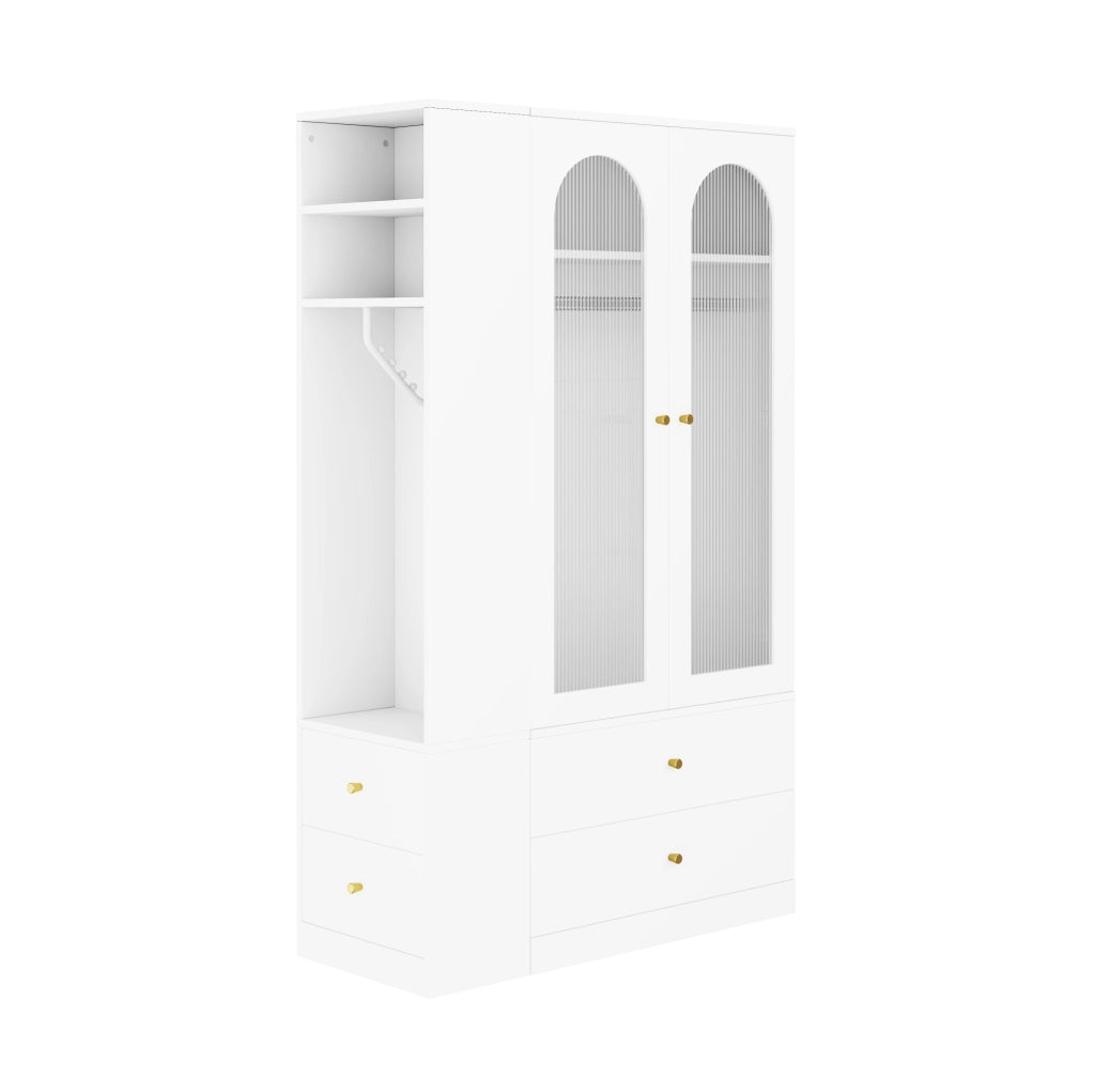 Armadio 120x50x200 cm in MDF bianco con 2 ante in vetro e 4 cassetti