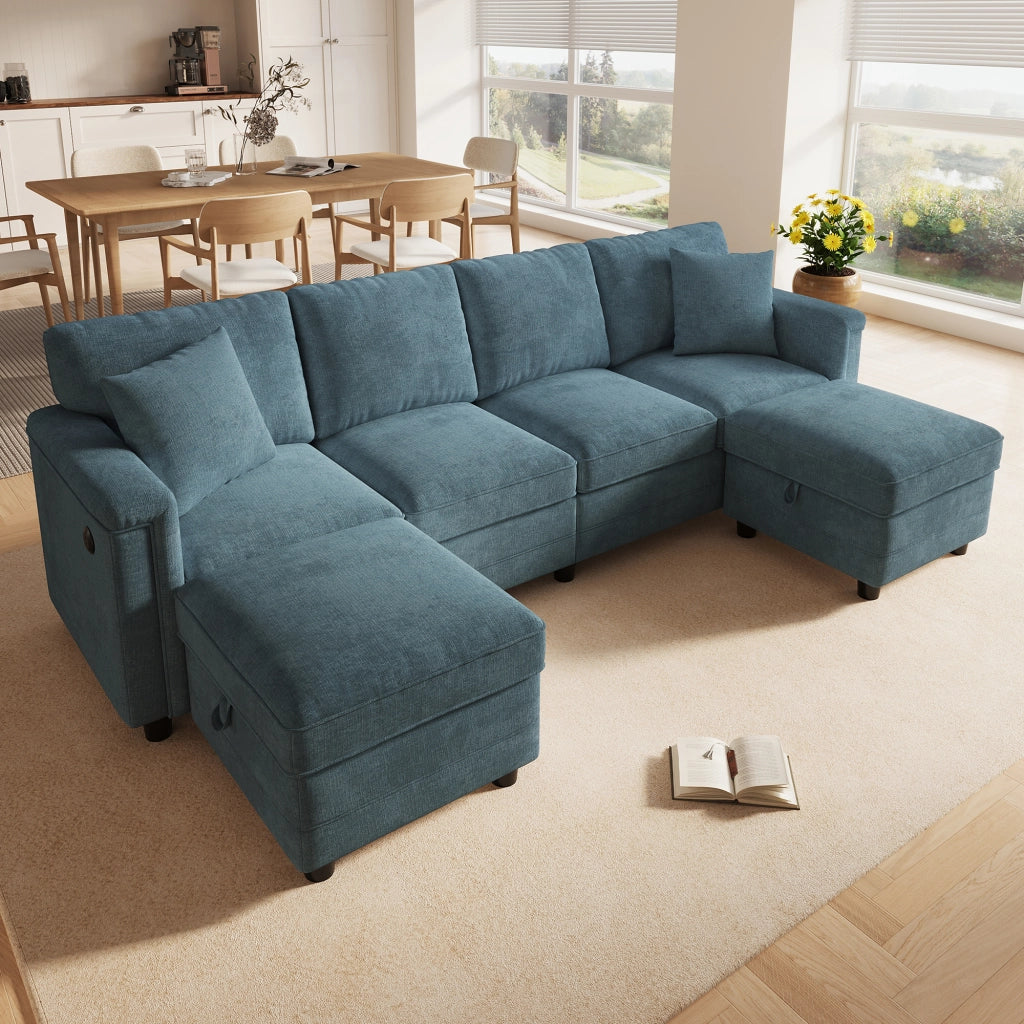 Divano modulare a 6 posti in ciniglia blu con 2 pouf contenitore e ricarica USB Type-C 82 × 261 × 134 cm