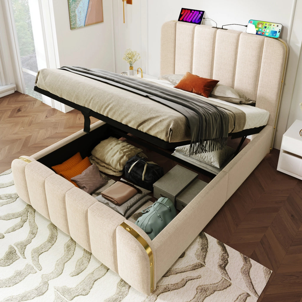 Letto contenitore singolo 90 × 200 cm con USB; Type-C e testiera imbottita; senza materasso; rivestito in lino beige