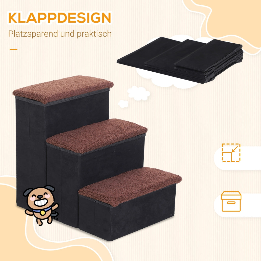Scala pieghevole per animali domestici, 3 gradini con vano portaoggetti, MDF nero, 40x54x48 cm, per cani e gatti
