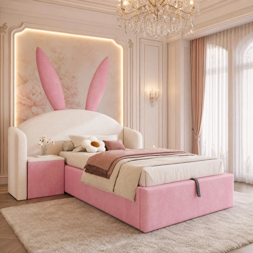 Letto imbottito 90x200 cm con contenitore idraulico e comodino in velluto beige e rosa