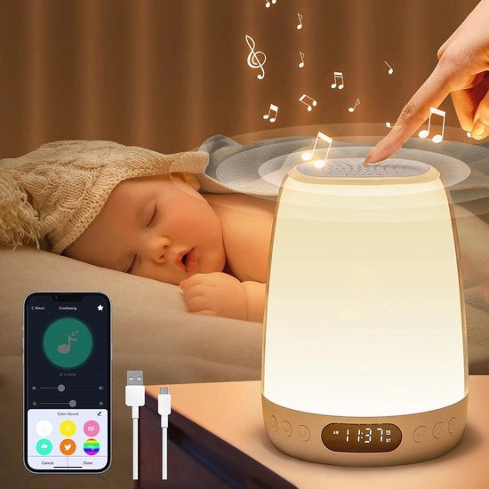 Lampada Notturna per Bambini con Colori RGB e Funzione dell'Alarme - Regolabile, Bluetooth e Rumore Bianco