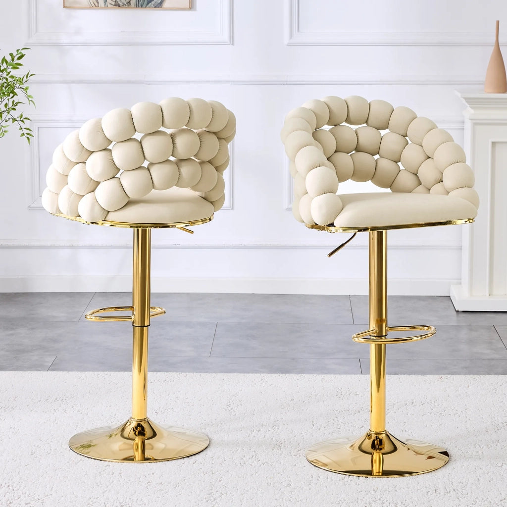 Set di 2 Sgabelli da Bar in Velluto Bianco Crema, Schienale a Catena di Sfere, Base Regolabile Dorata, per Isola Cucina, Home Bar e Zona Pranzo