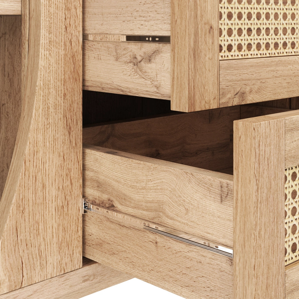 Credenza con 3 cassetti in rattan e ante scorrevoli, ripiani regolabili per soggiorno e ingresso, naturale, 140.5 × 40 × 76 cm
