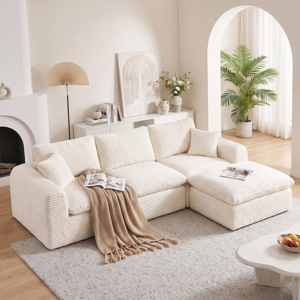 Divano modulare a 3 elementi configurabile con rivestimento in velluto a coste beige