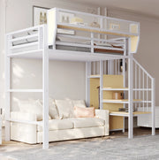 Letto a castello in metallo 90x200 con scala di sicurezza e ripiano modulabile, colore bianco