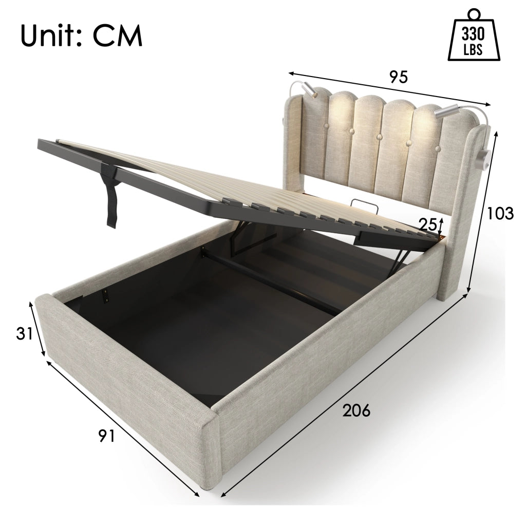 LETTO Contenitore 90x200 cm in Lino Naturale con Luce da lettura e USB