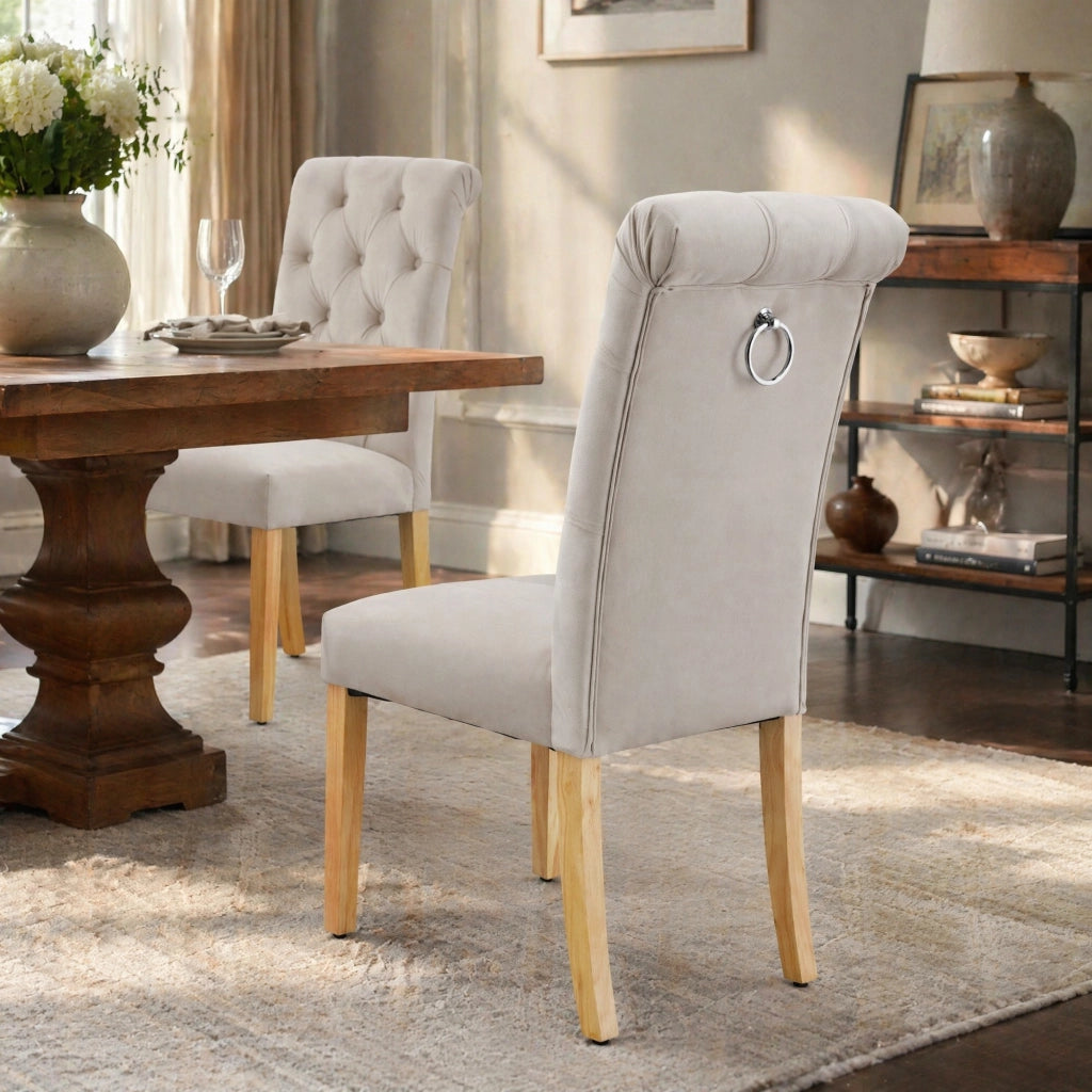 SEDIE DA PRANZO Set da 2 pezzi in velluto beige con gambe in quercia
