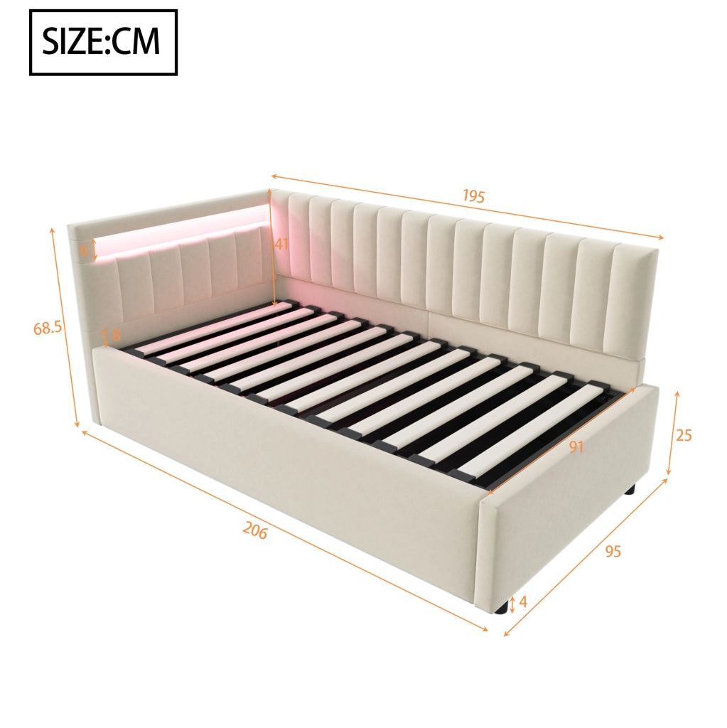Letto sofà imbottito 90x200 cm con LED, contenitore idraulico, rivestimento in velluto beige