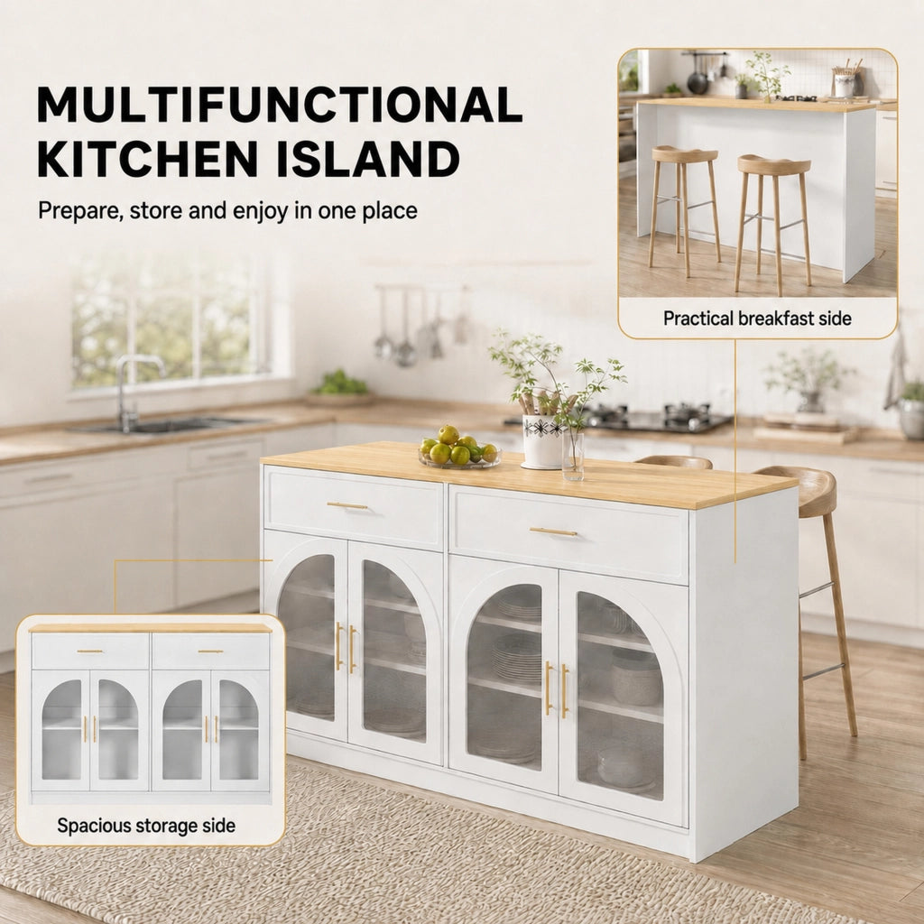 Isola da cucina con LED; ante trasparenti; 2 cassetti e ripiani regolabili bianca in MDF 135 × 55 × 91 cm