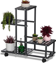 Piantagione con ruote - H x L x P: 605 x 615 x 26 cm - Metallo - 4 piattaforme - Piantagione per interni - Nero
