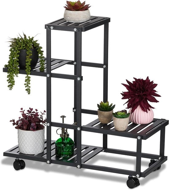 Piantagione con ruote - H x L x P: 605 x 615 x 26 cm - Metallo - 4 piattaforme - Piantagione per interni - Nero