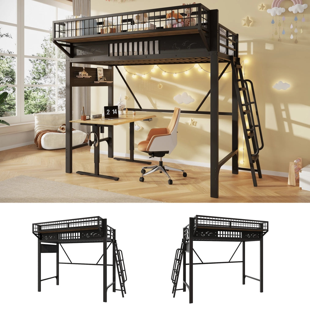 Letto a soppalco in metallo 90 x 200 cm con vani portaoggetti; nero