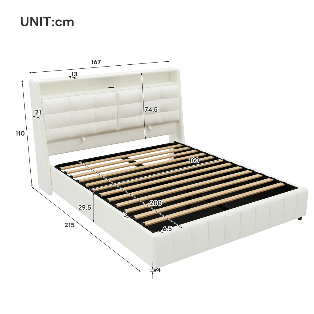 Letto contenitore 160 × 200 cm con LED a 7 colori USB testiera regolabile imbottita in PU MDF e compensato bianco
