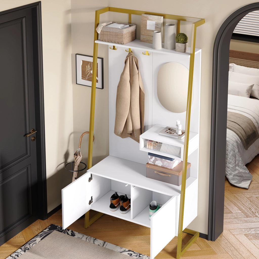 Garderoba compatta bianca con specchio, appendiabiti in metallo e vano porta scarpe, design minimalista per ingresso