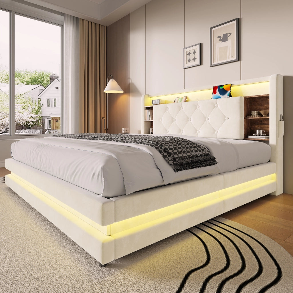 Letto Contenitore 140x200 cm Matrimoniale; LED; USB; Type-C e Ripiani in Velluto Beige